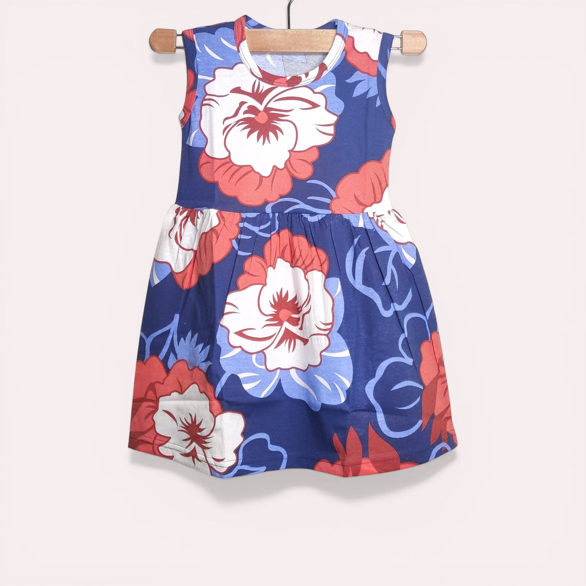 Indigo bloom baby frock with printed floral design