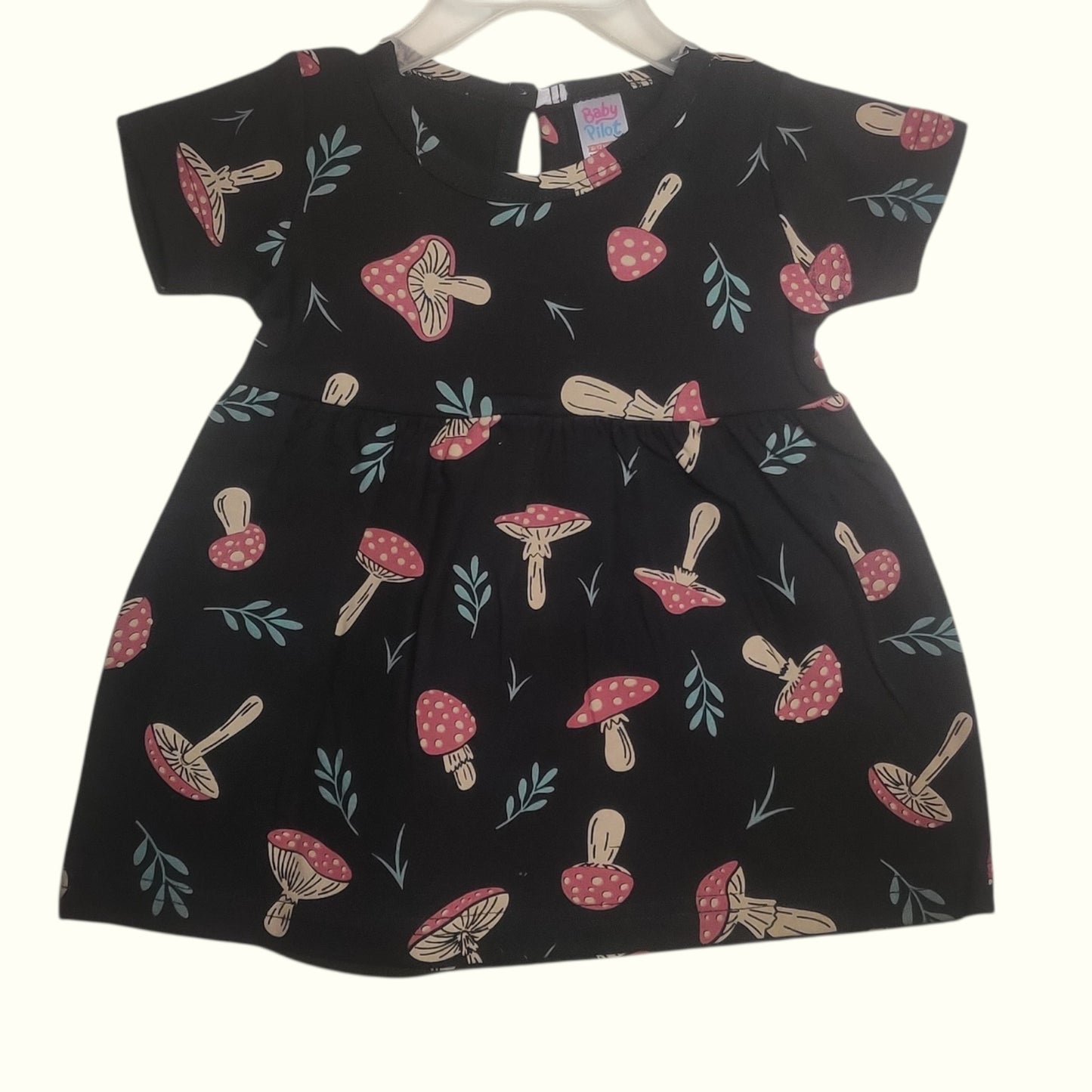 Midnight black baby frock with mushroom printed design