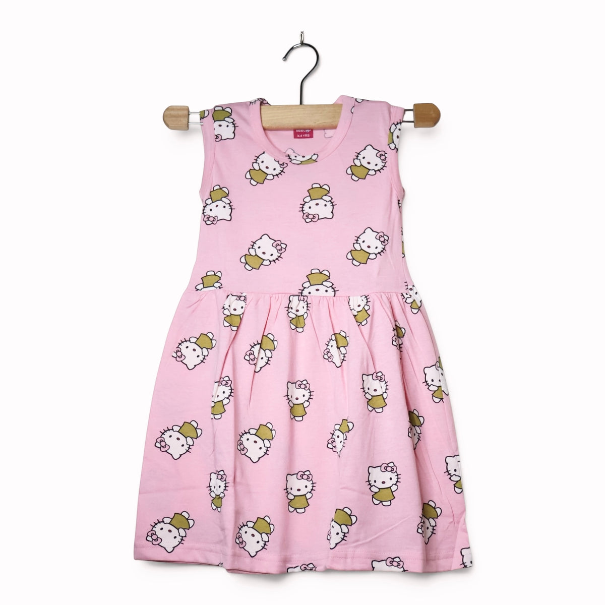 Pastel Blush Pink soft cotton baby frock with cute kitty-inspired print