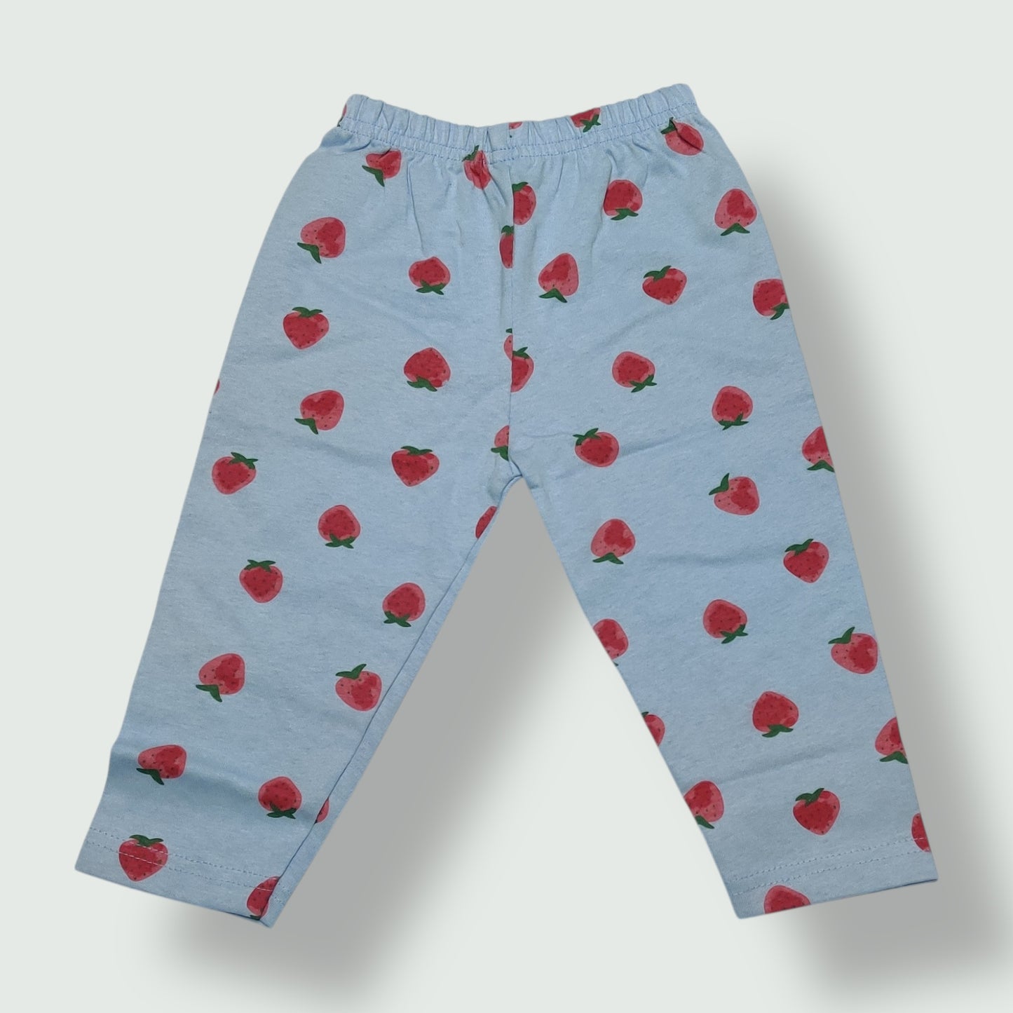 Berry blue baby pant with strawberry prints front view
