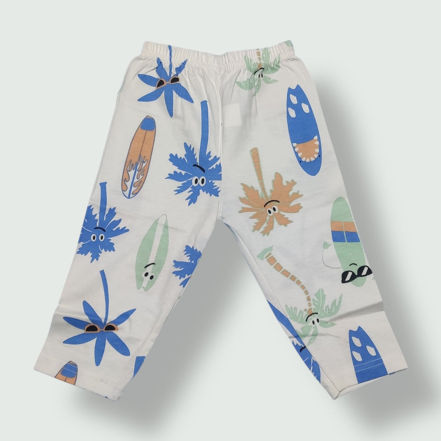 Cloud white baby pant with cartoon-style printed design front view