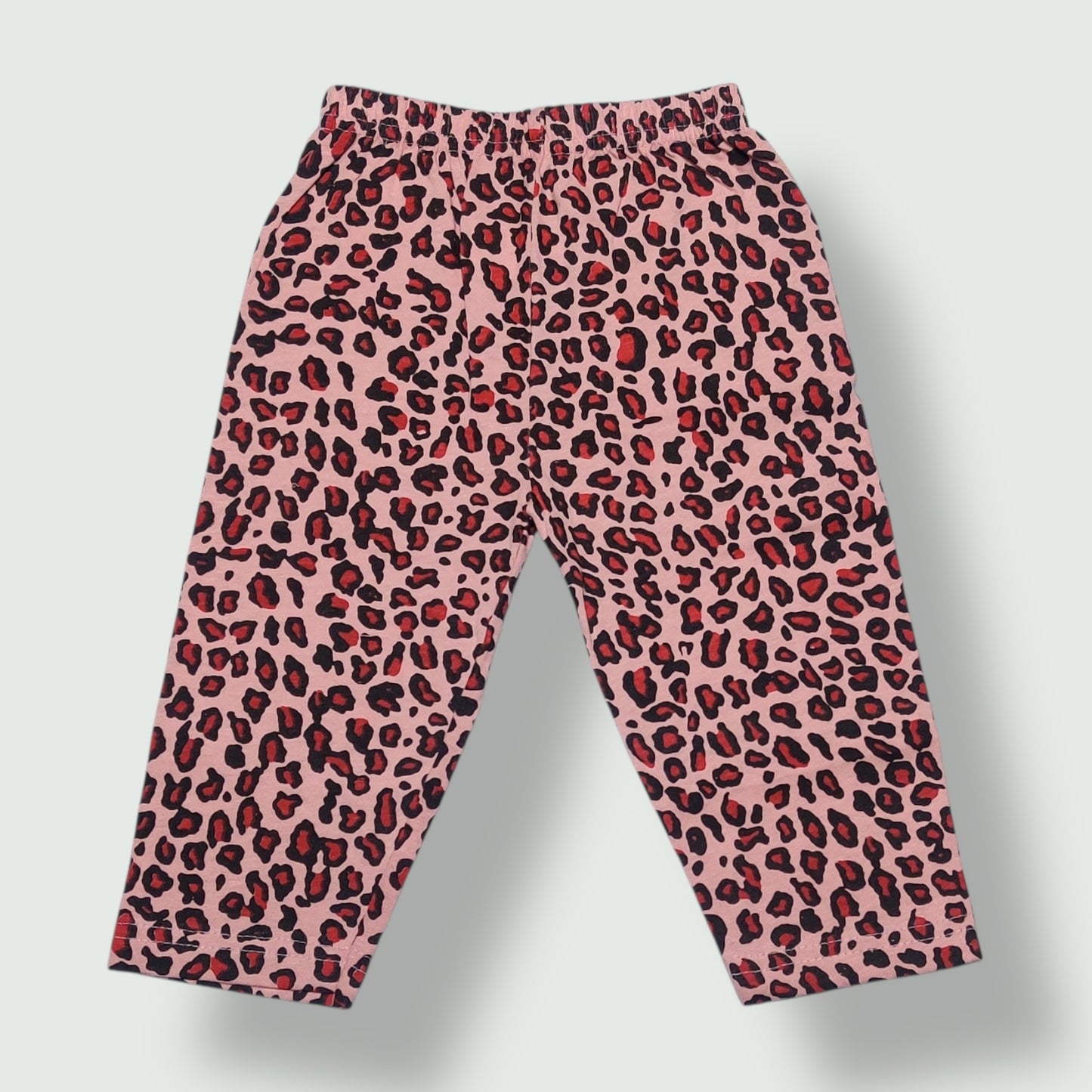 Dusty peach cotton baby pant with leopard print front view