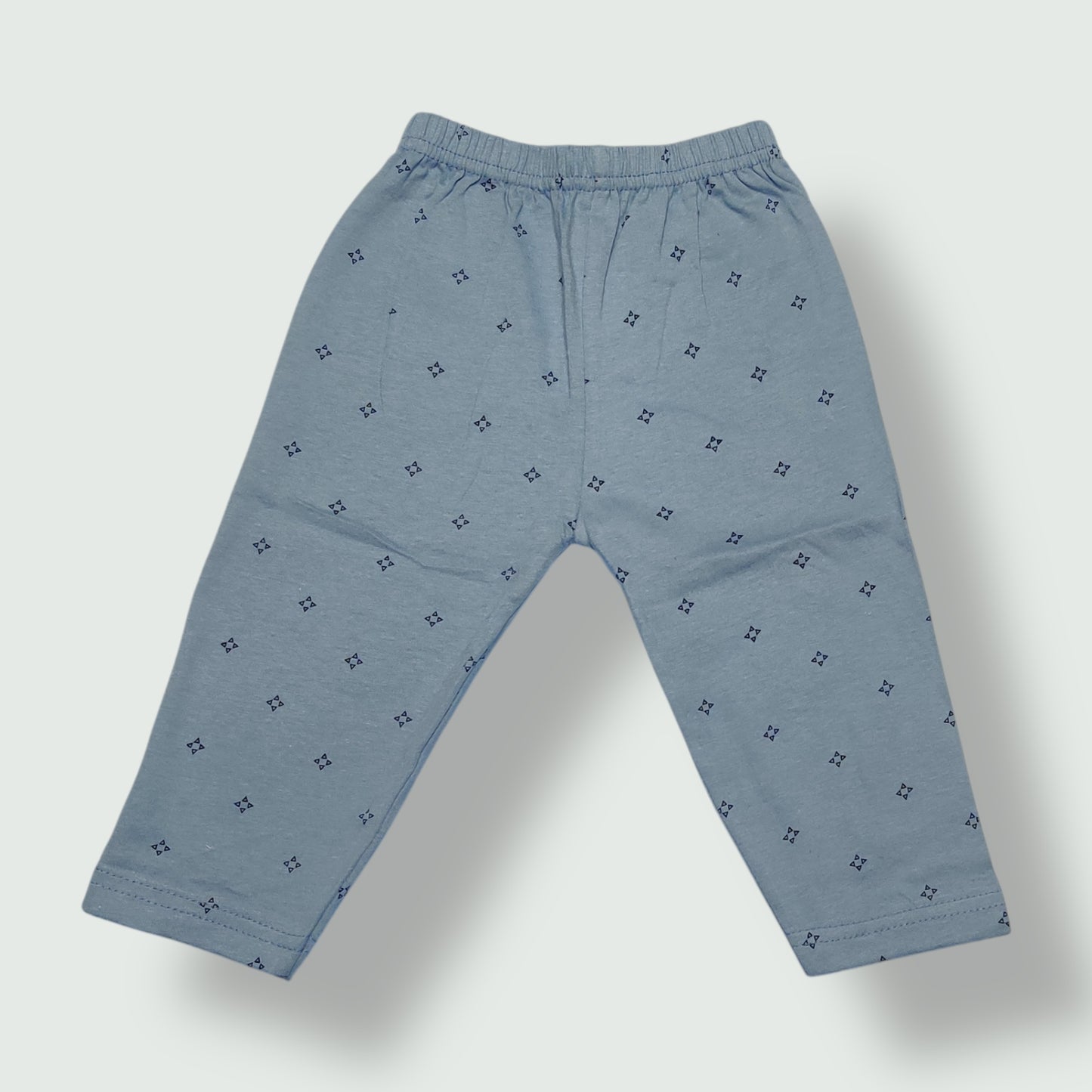 Steel blue cotton baby pant with small geometric print front view