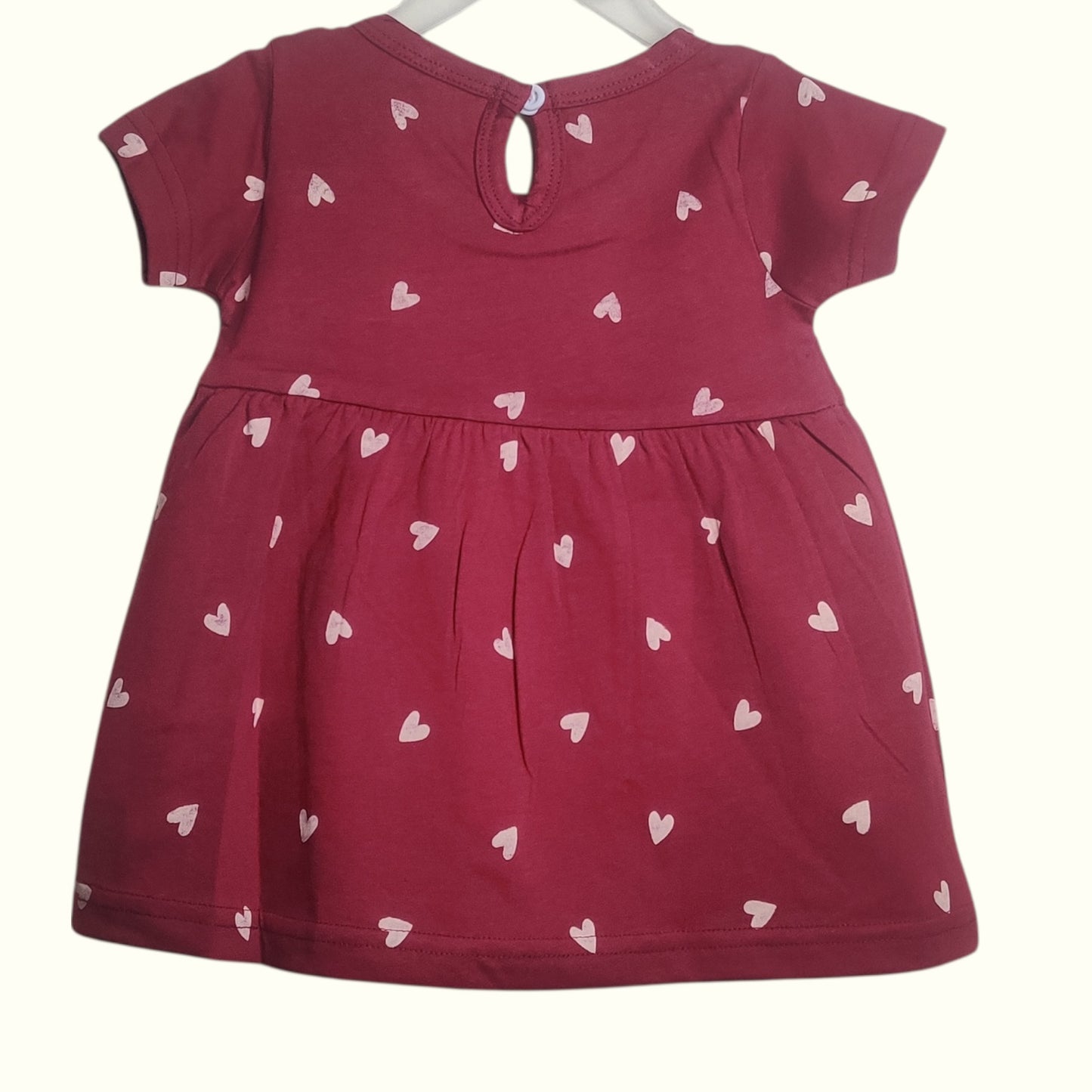Maroon and white heart print cotton baby frock back view