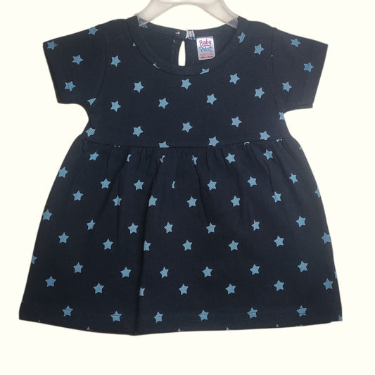 Navy blue cotton printed baby frock front view