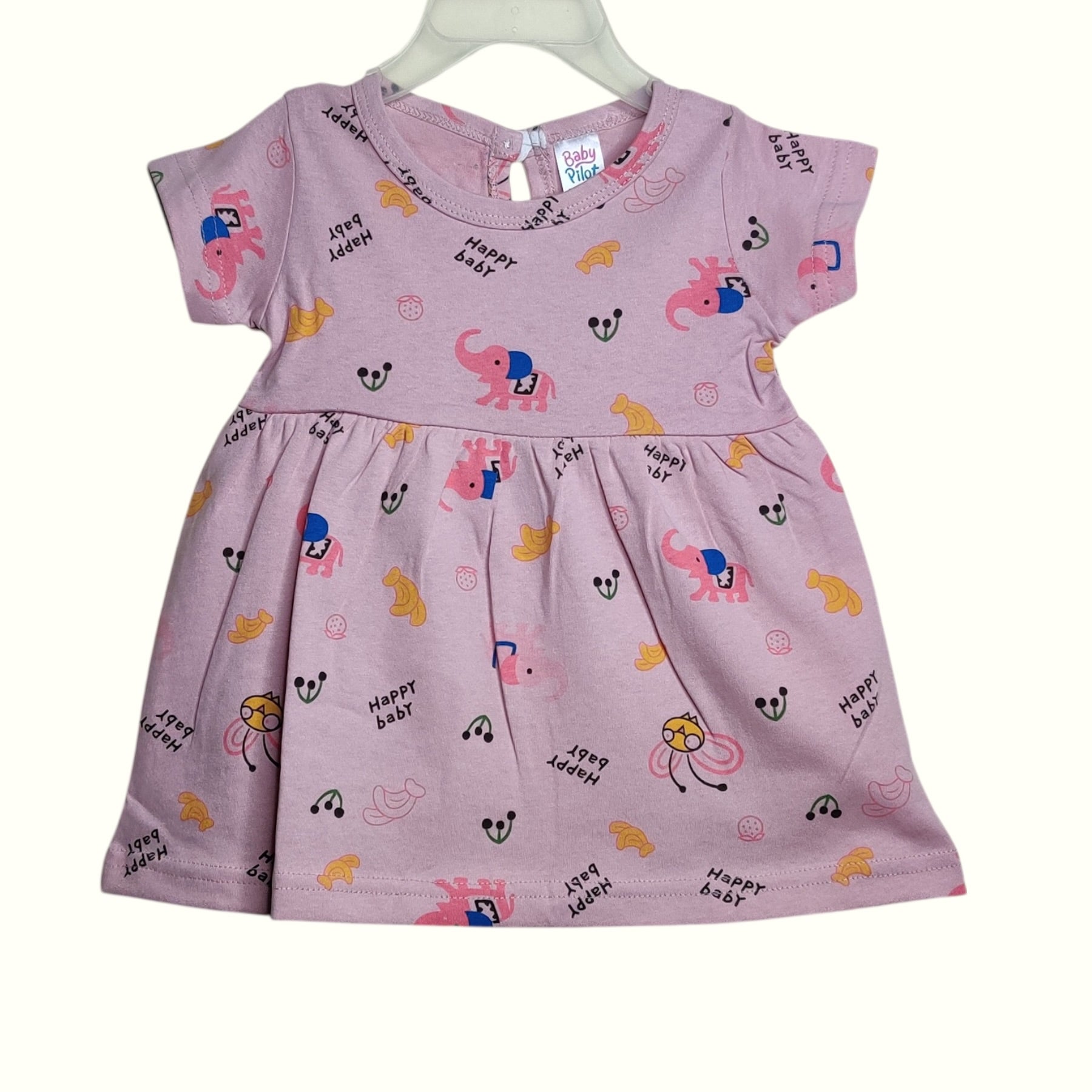 Dusty mauve baby frock with printed elephant and fruit design