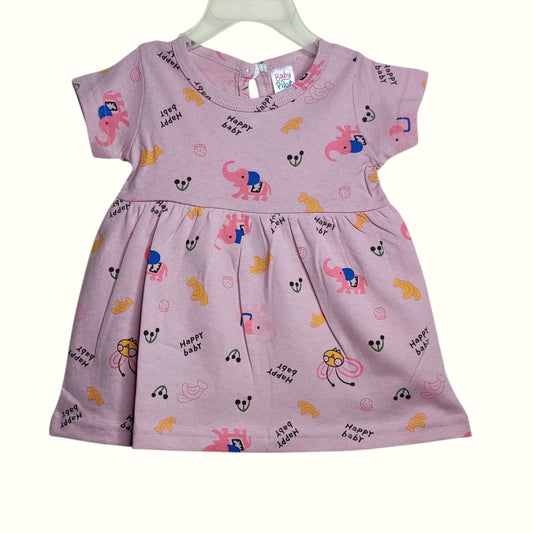 Dusty mauve baby frock with printed elephant and fruit design