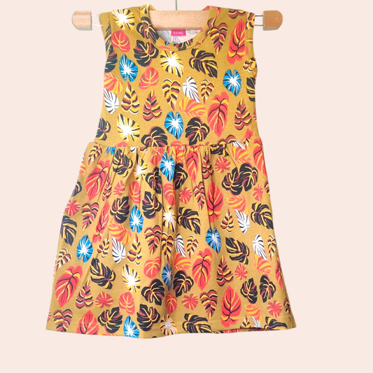 Sleeveless printed baby frock – Mustard