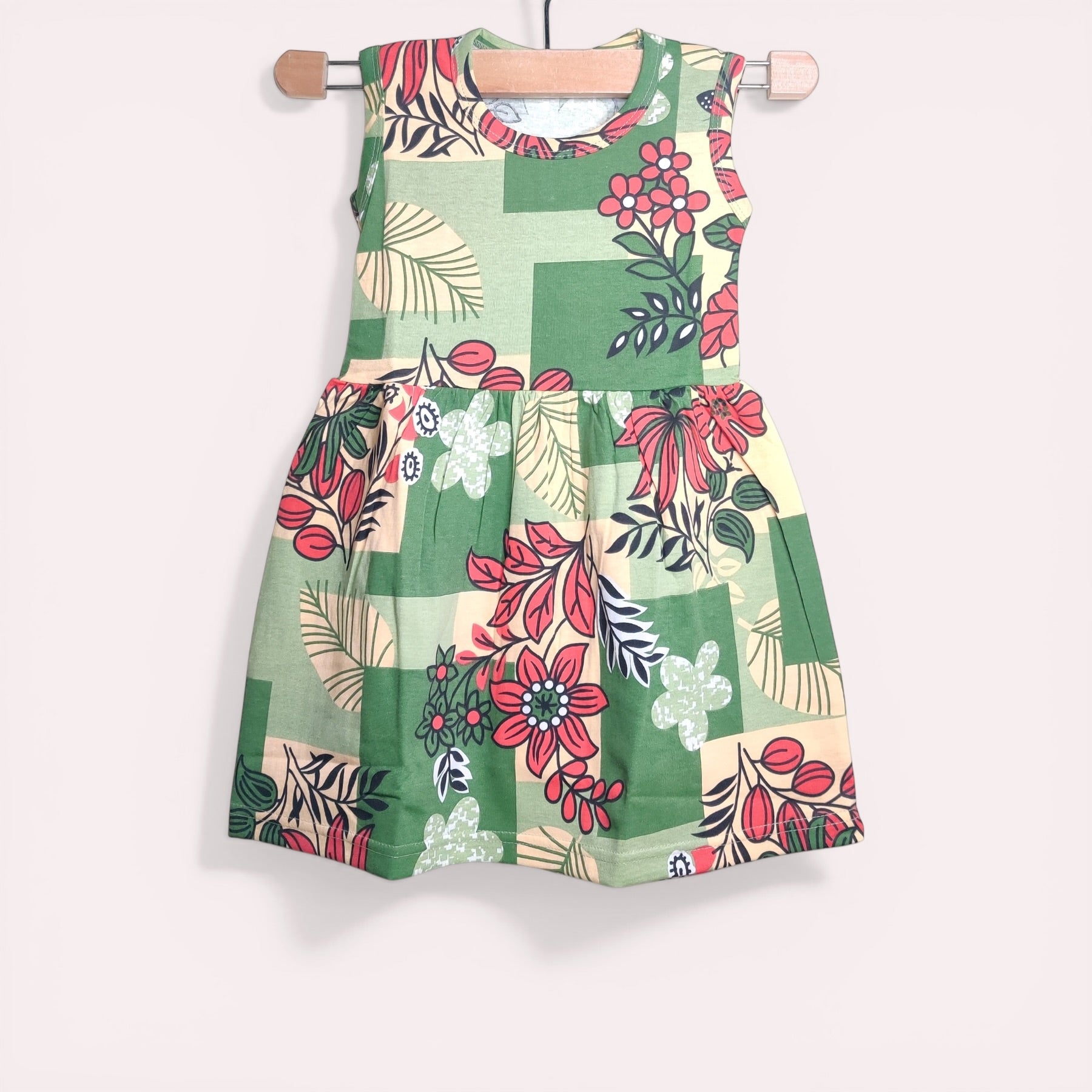 Soft cotton baby girl frock in meadow green with multicolor floral prints