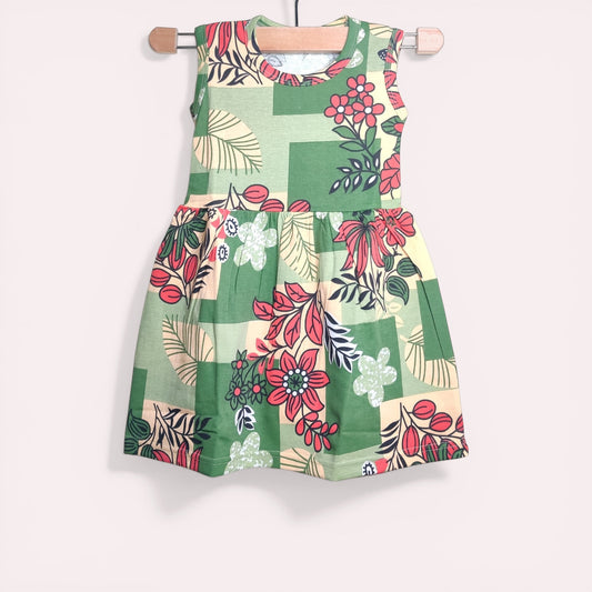 Soft cotton baby girl frock in meadow green with multicolor floral prints