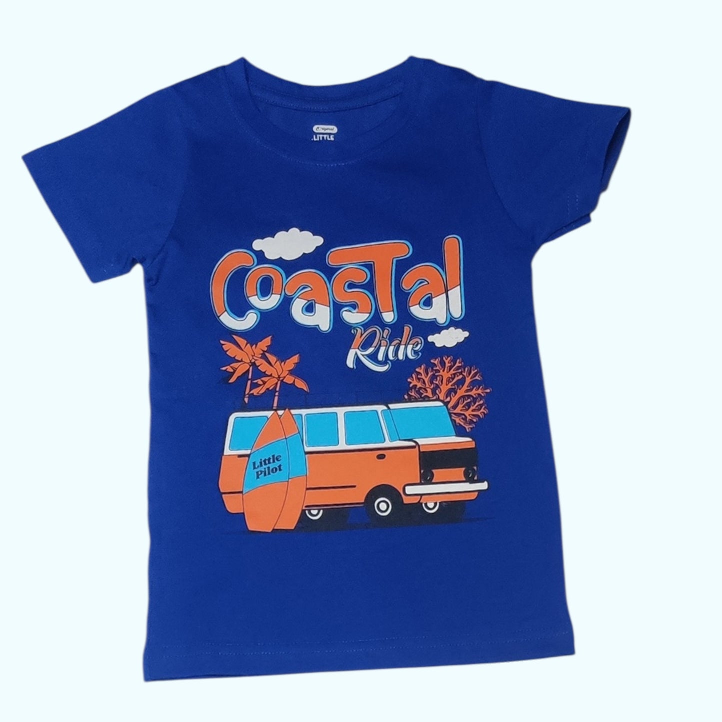 Blue t-shirt with 'Coastal Ride' graphic design featuring a van and palm trees
