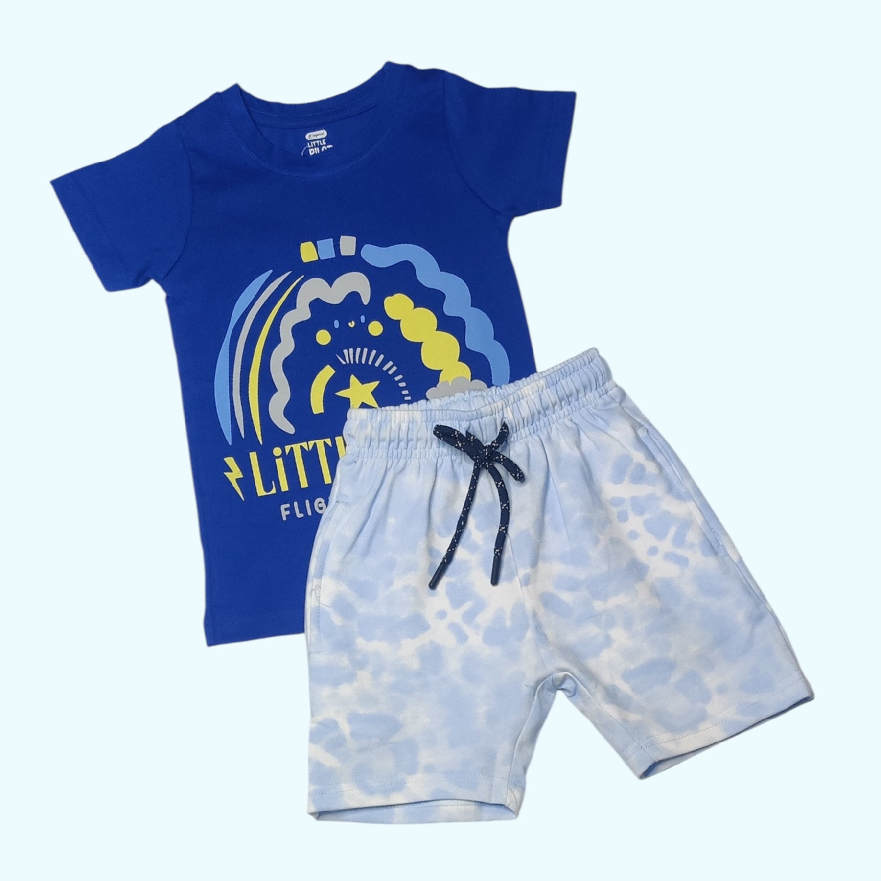 Boys blue t-shirt with graphic design and light blue tie-dye short