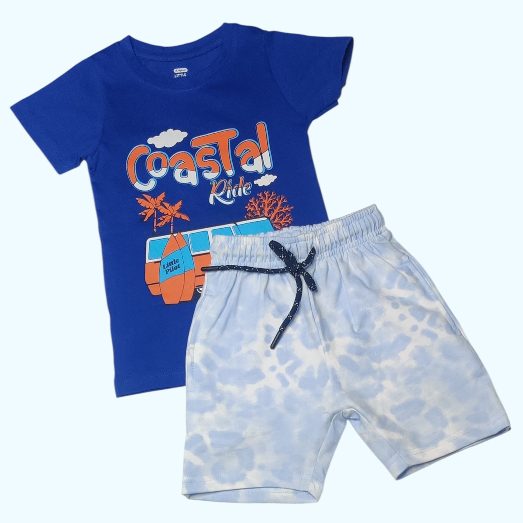 Boys blue t-shirt with 'Coastal Ride' text and graphics, paired with tie-dye short