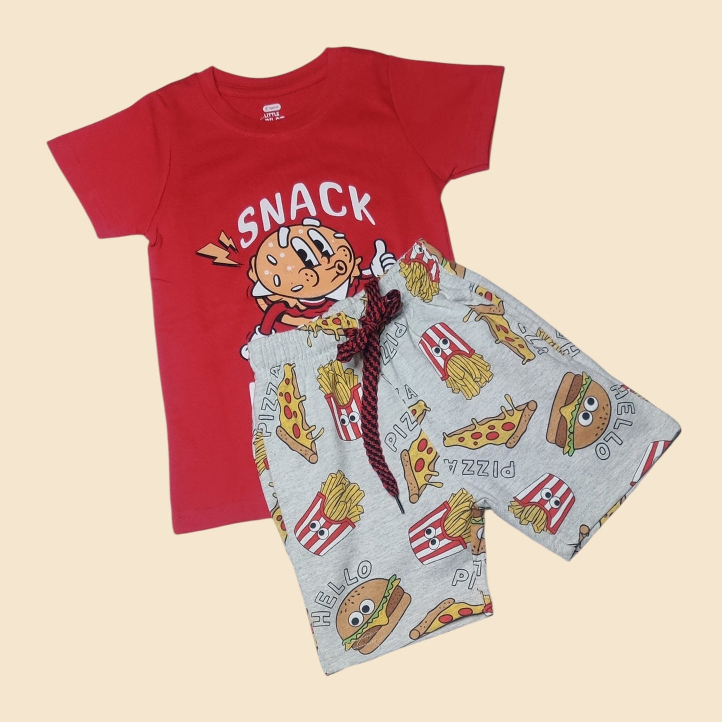 Baby boys’ snack print set with red t-shirt and food-printed shorts