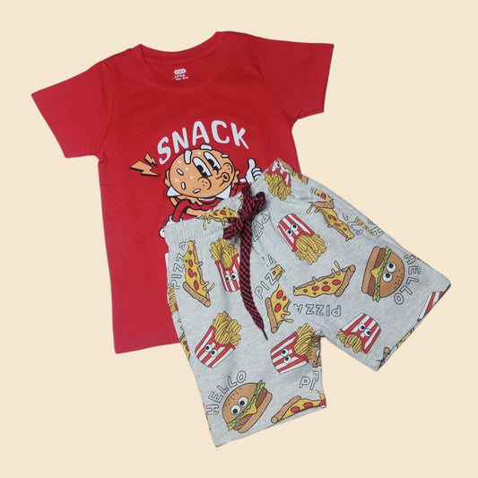 Baby boys’ snack print set with red t-shirt and food-printed shorts