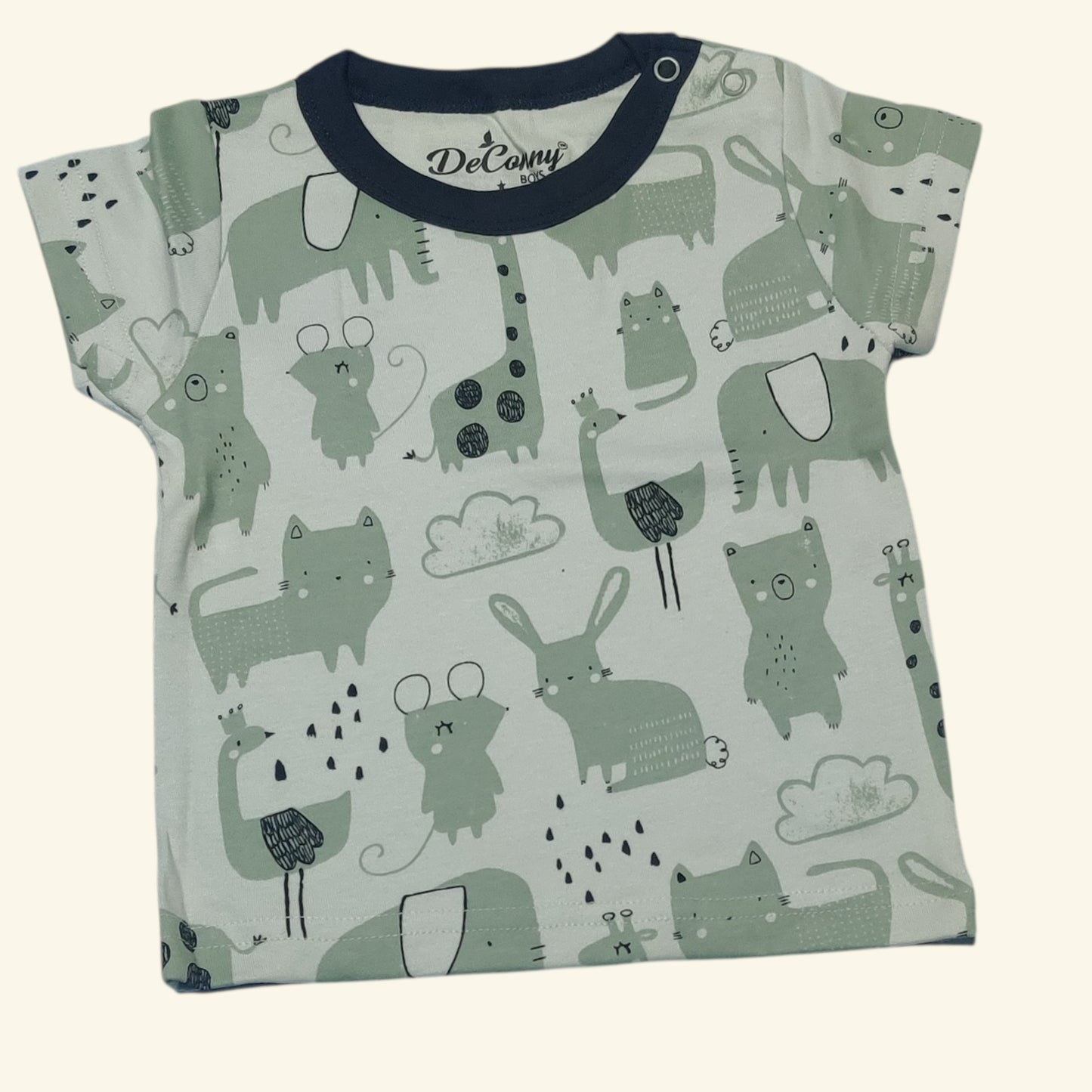 Green baby t-shirt with animal print motifs front view
