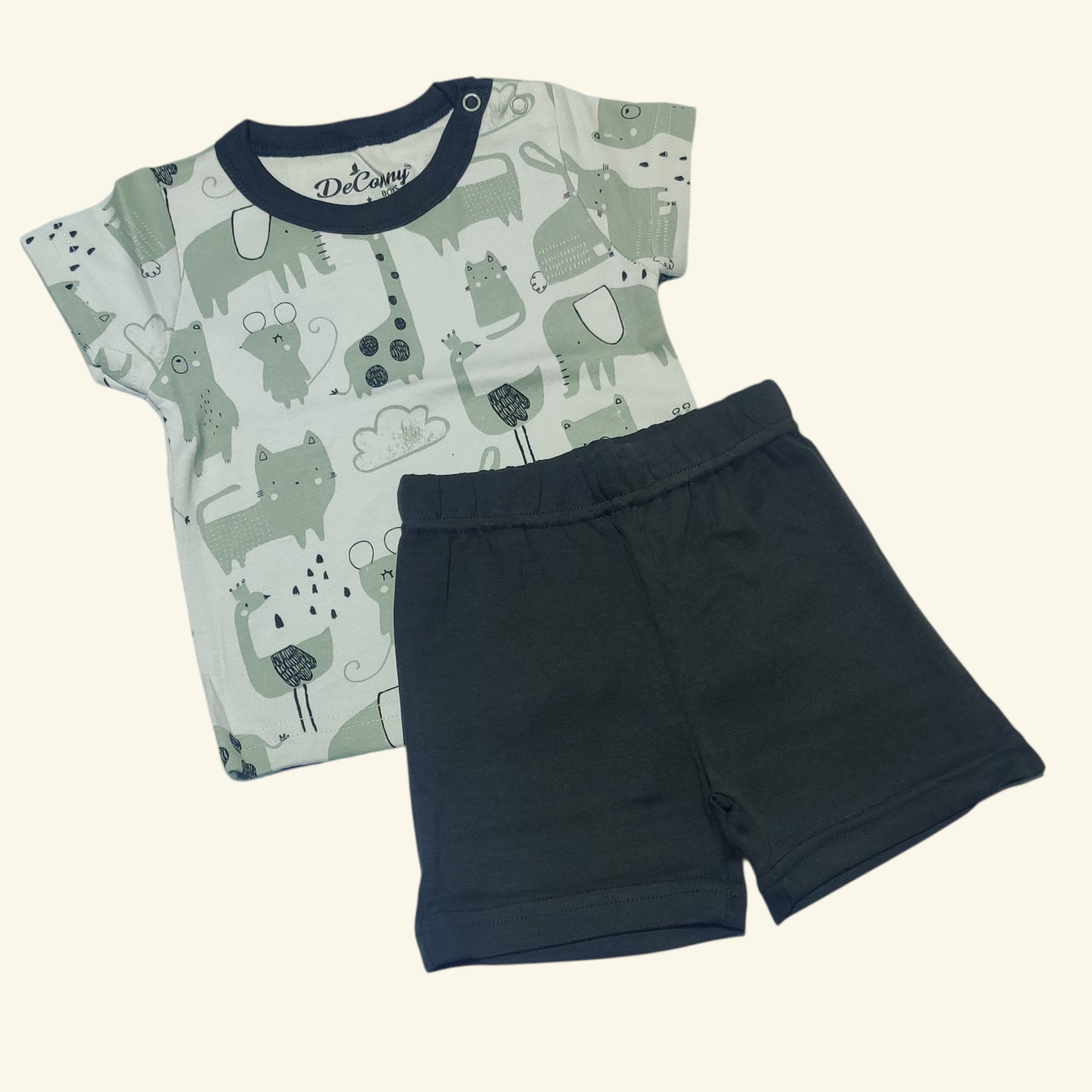 Green animal printed baby t-shirt with olive black shorts set front view