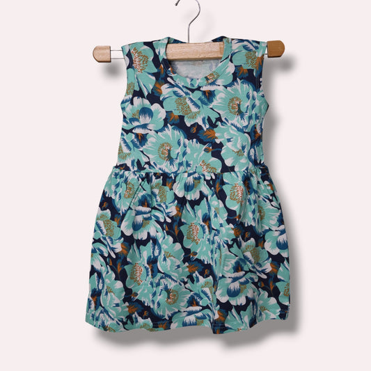 Aqua green baby girl frock with multicolor floral printed design