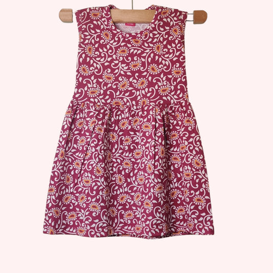 Berry red baby frock with printed paisley floral design