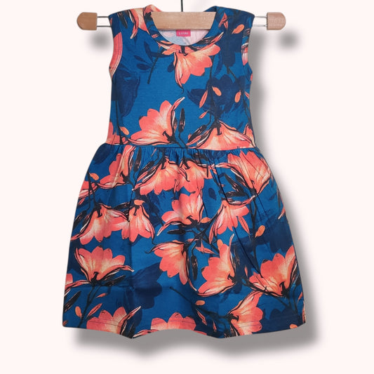 Coral bloom blue baby frock with bold floral printed design