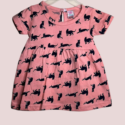 Coral blush baby frock with printed cat design
