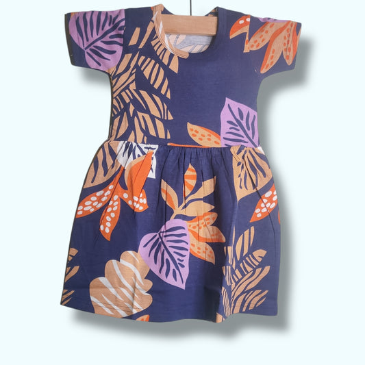 Deep navy baby frock with colorful leaf printed design
