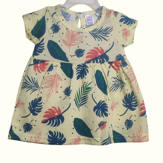 Lime cotton baby frock with leaf printed design