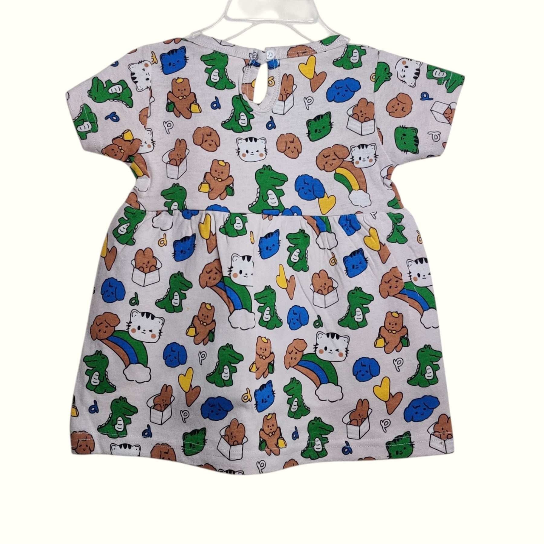 Baby girl zoo printed frock in mist grey back