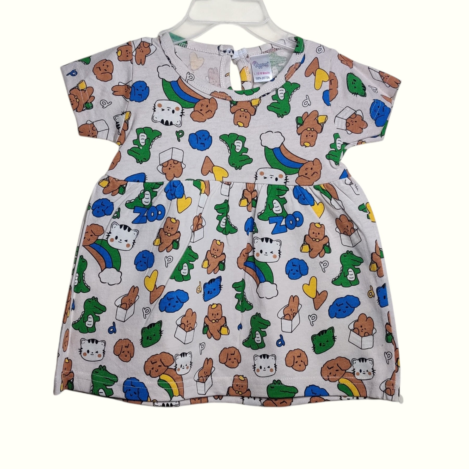 Baby girl dress in mist grey with multicolor zoo prints front