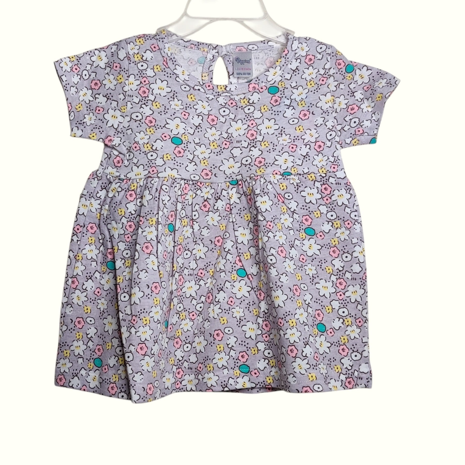 Misty grey baby frock with floral printed design