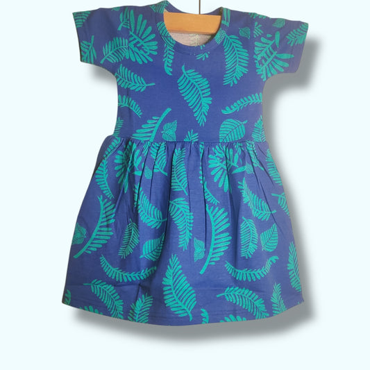Midnight Teal baby frock with leaf printed design