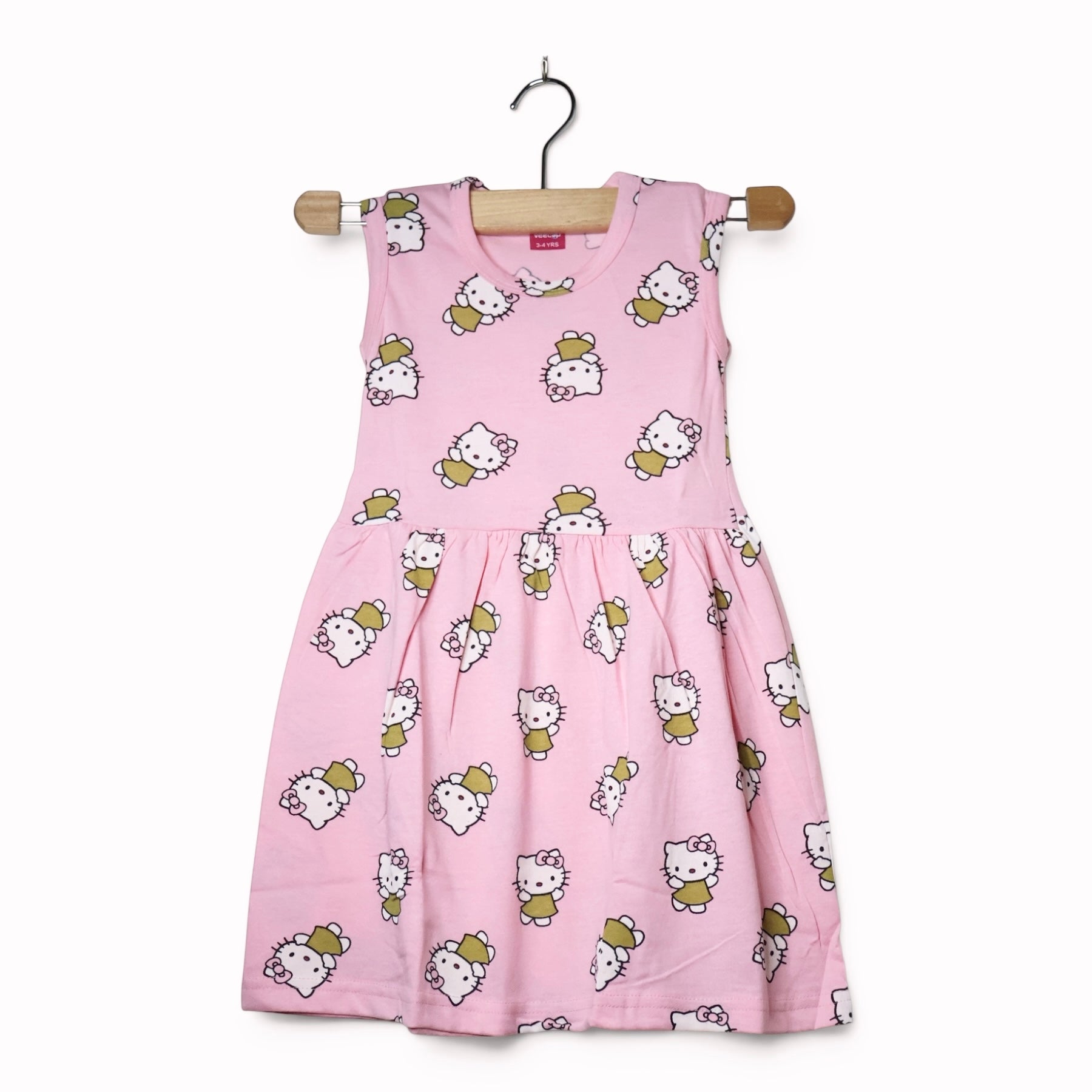 Pastel Blush Pink soft cotton baby frock with cute kitty-inspired print