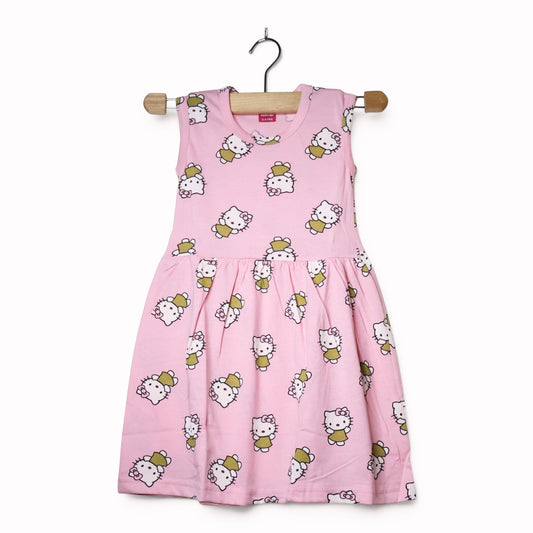Pastel Blush Pink soft cotton baby frock with cute kitty-inspired print