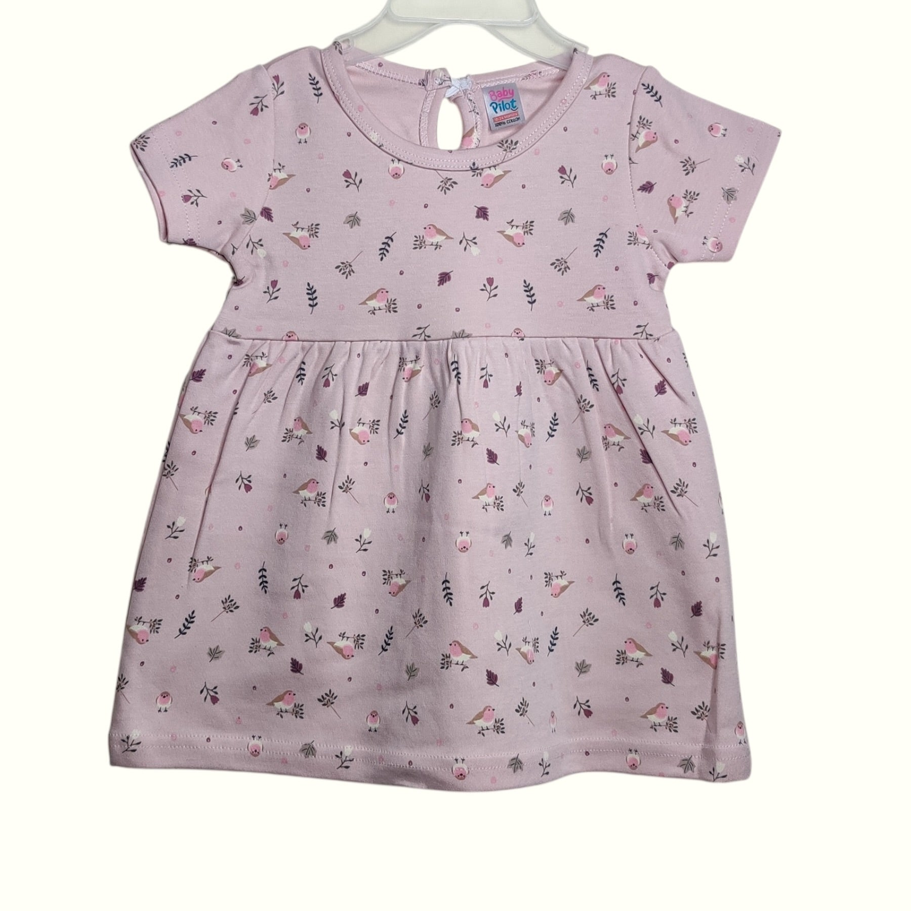 Pastel mauve baby frock with printed bird and leaf design