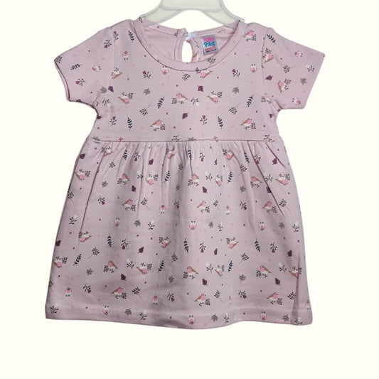 Pastel mauve baby frock with printed bird and leaf design