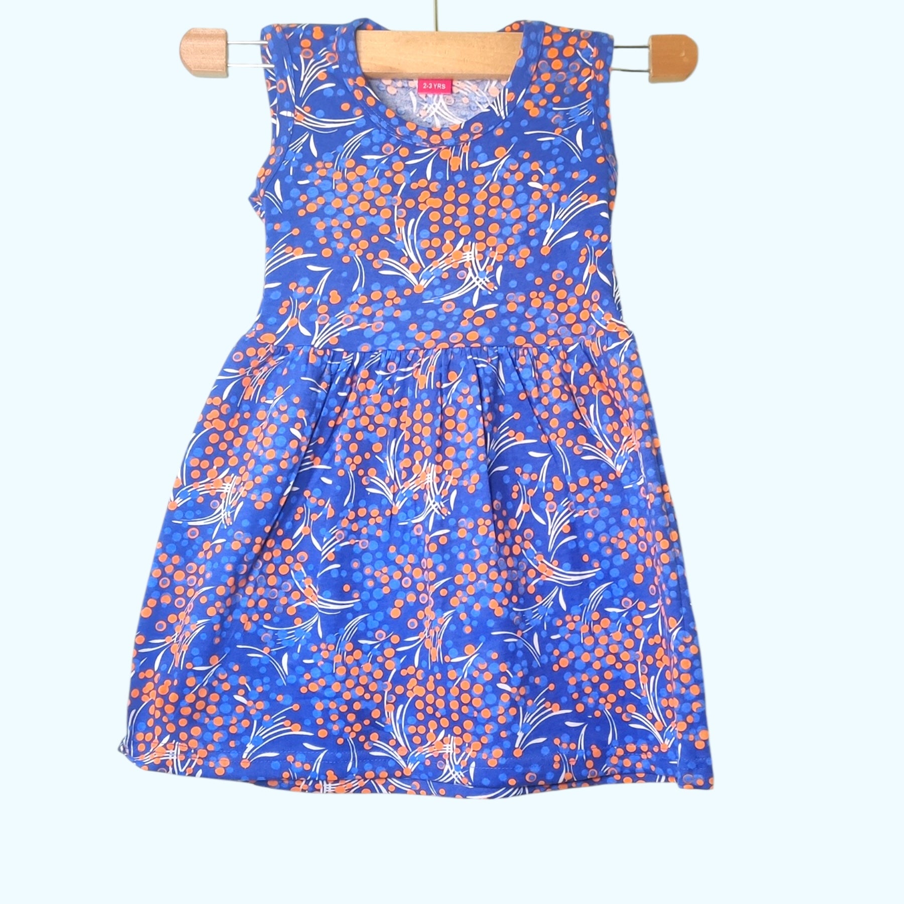 Royal blue baby frock with printed floral dot design