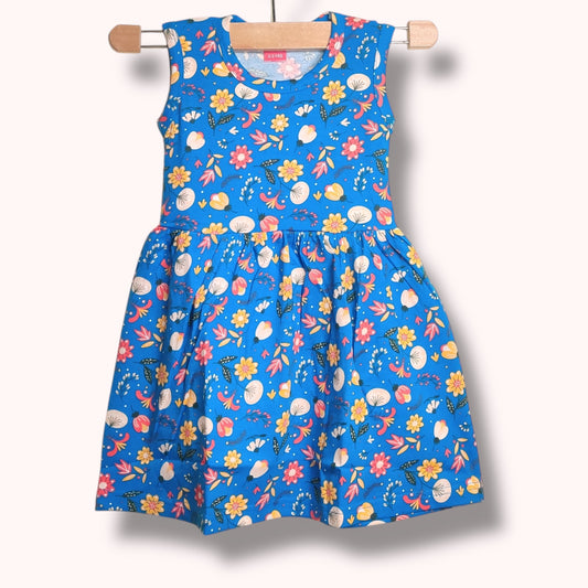 Sapphire blue baby frock with colorful floral printed design