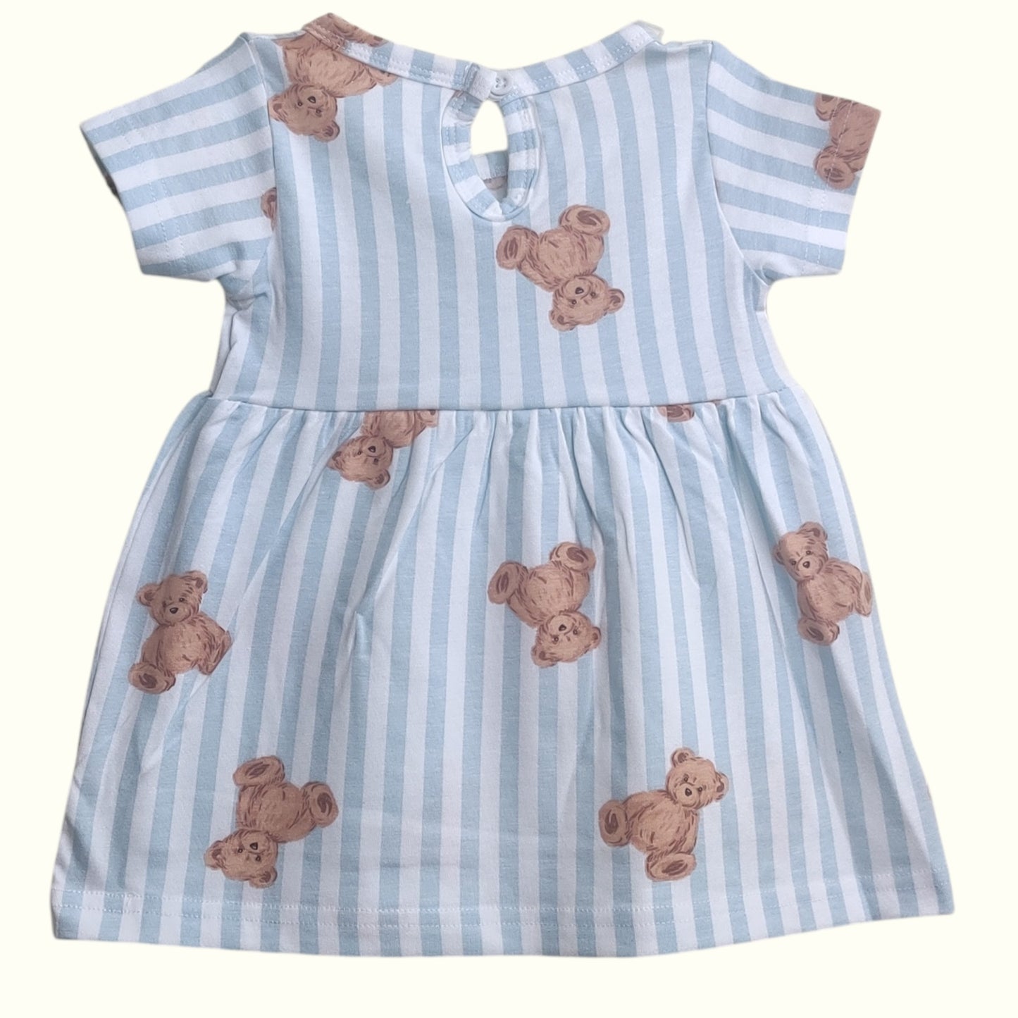 Blue striped baby frock with teddy bear print back view