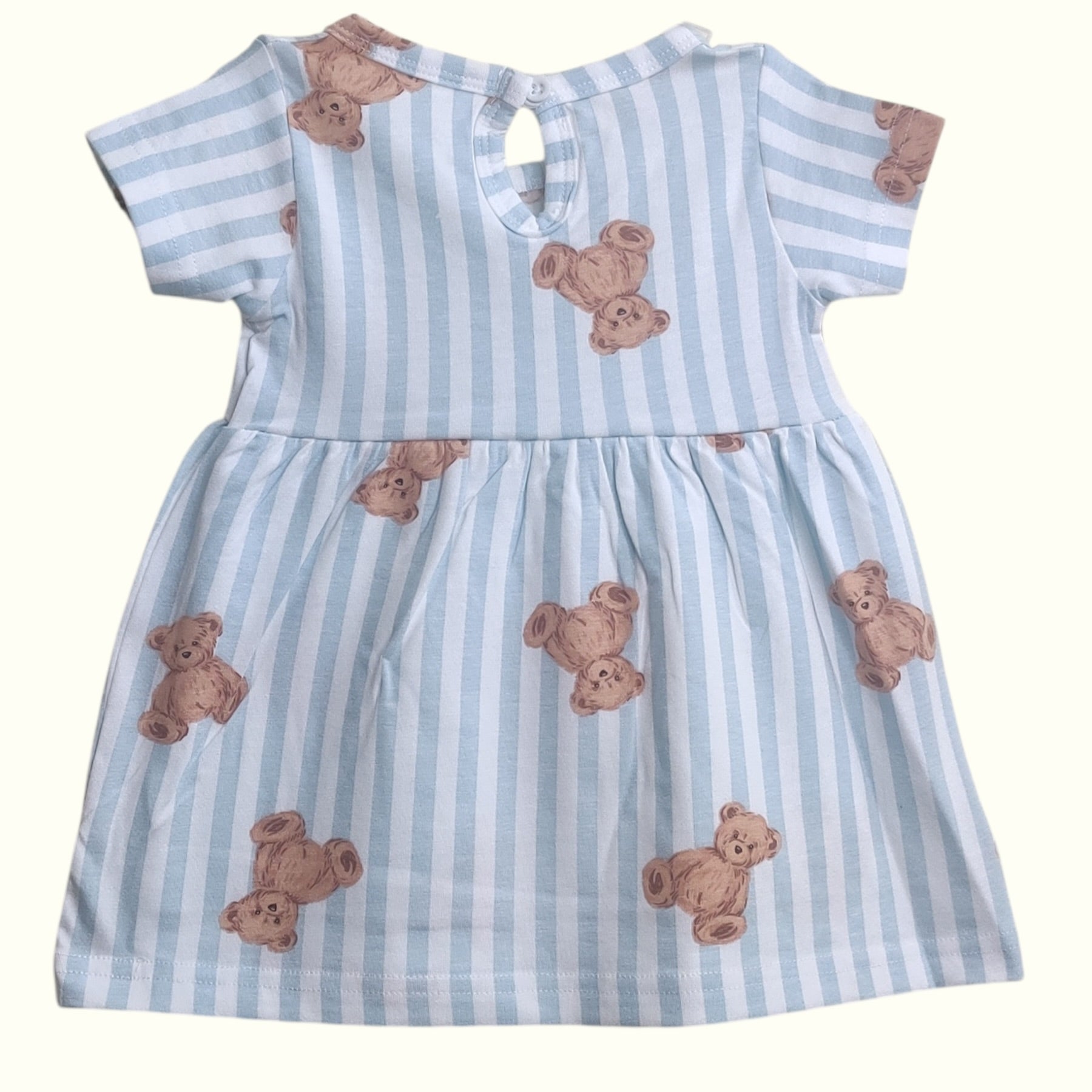 Blue striped baby frock with teddy bear print back view