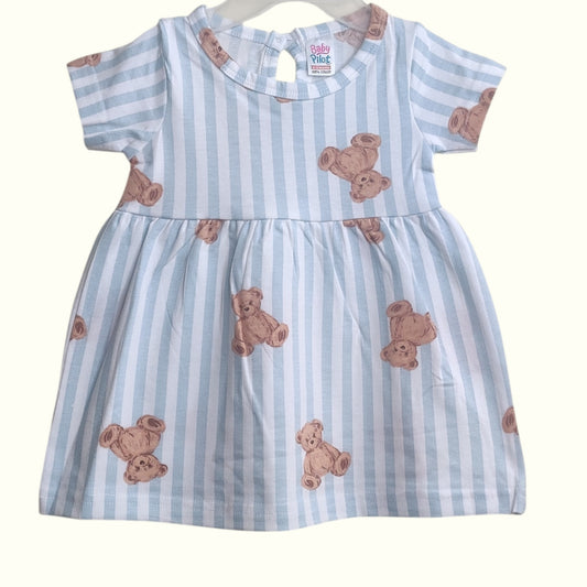 Blue striped baby frock with teddy bear print front view