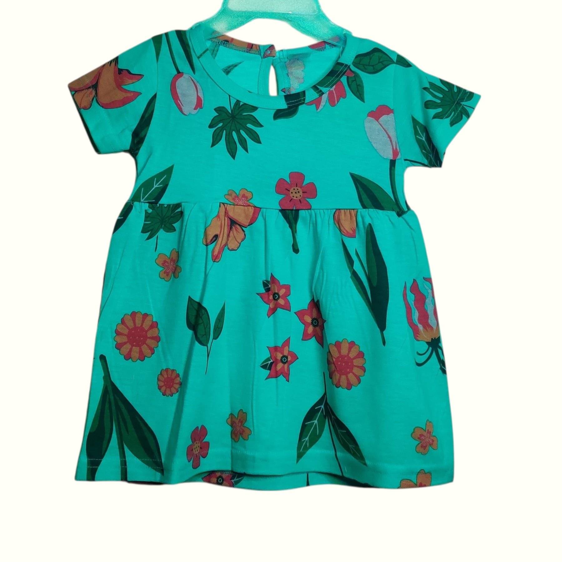 Tropical teal baby frock with floral printed design