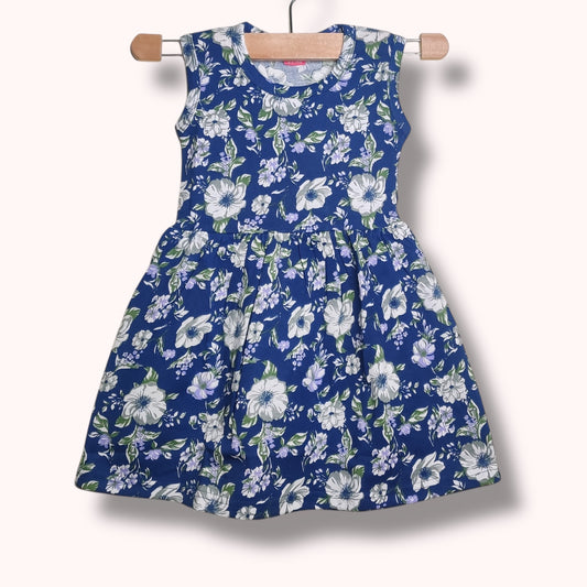 Twilight blue baby frock with white and lavender floral printed design