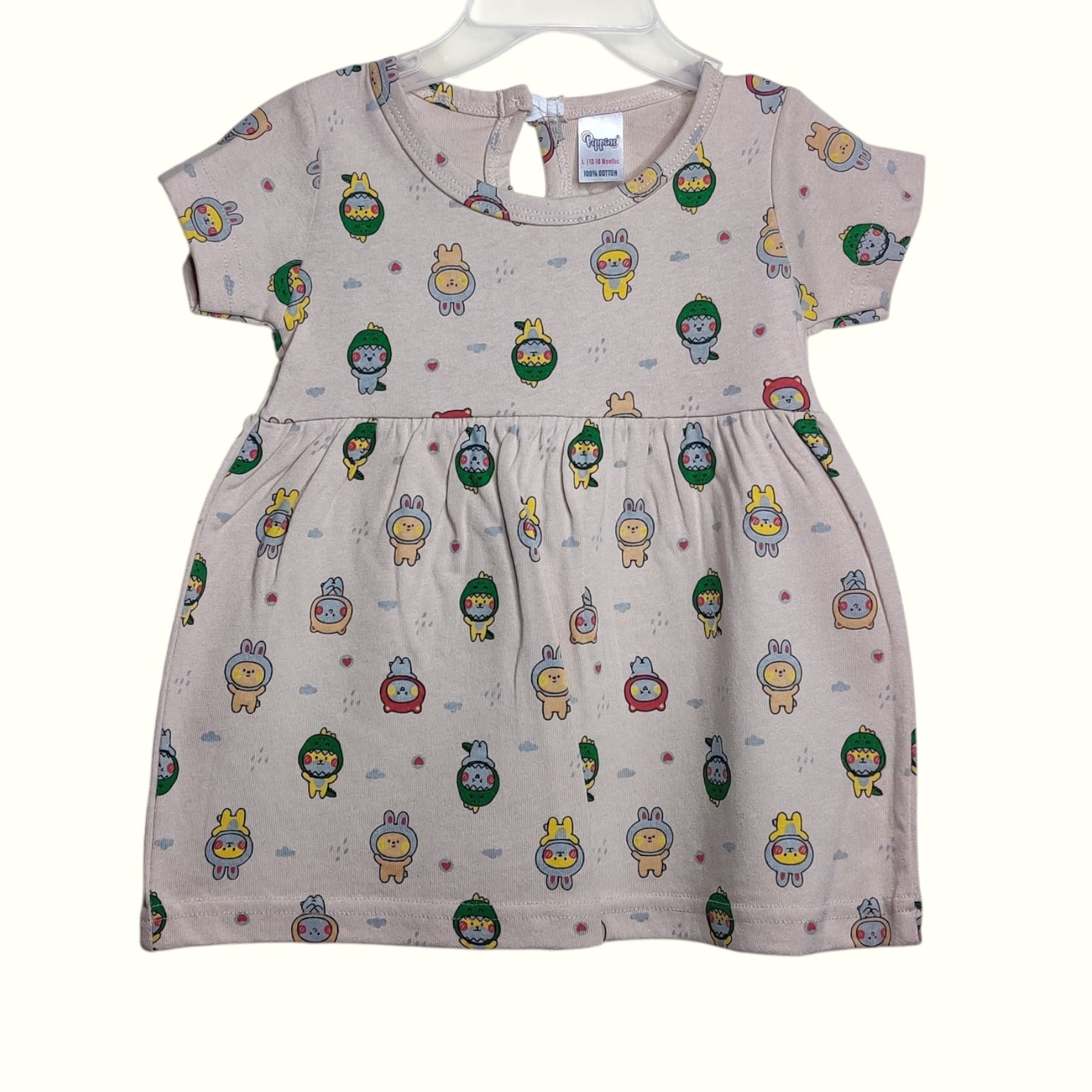 Warm greige baby frock with printed character design