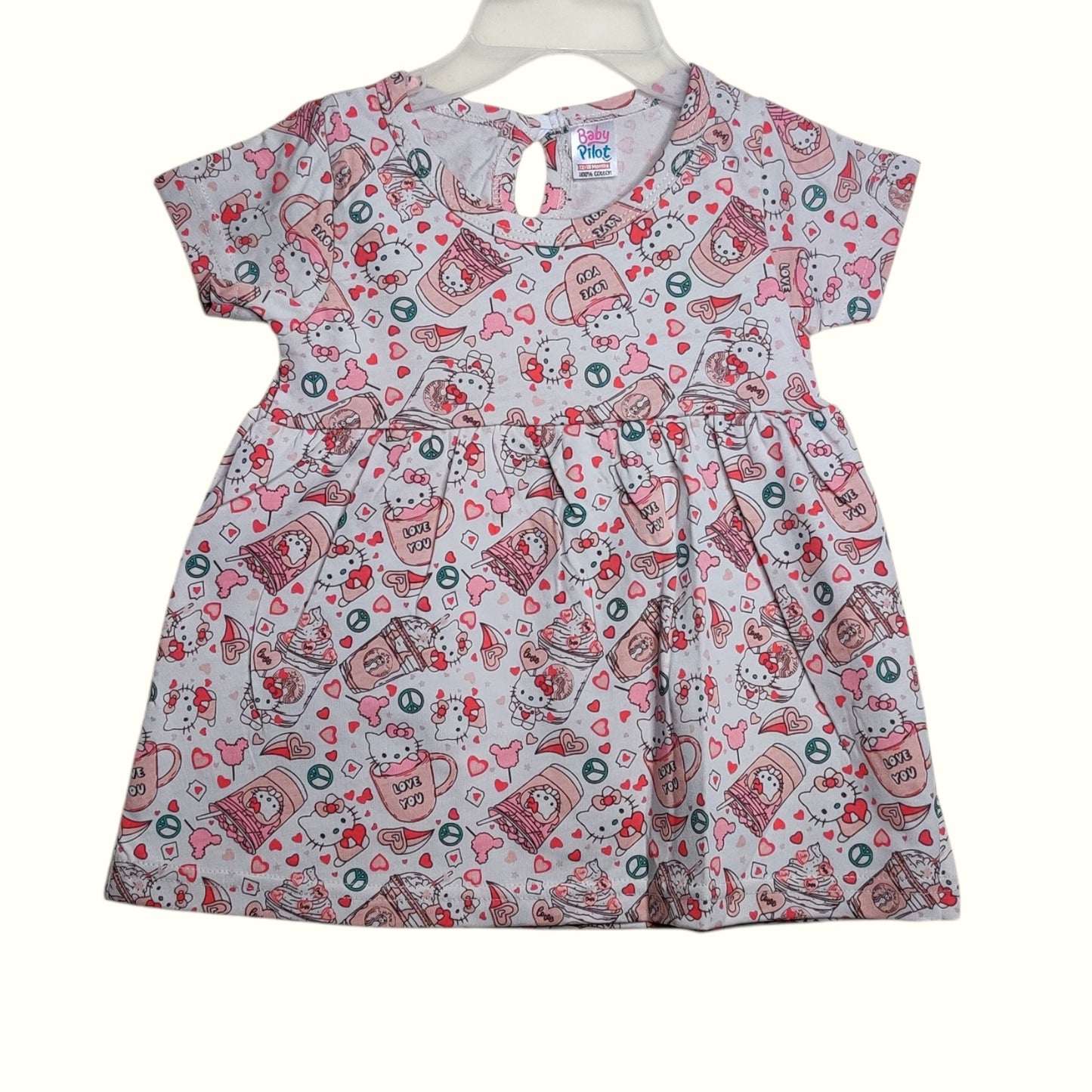 White blush baby frock with printed cartoon and heart design