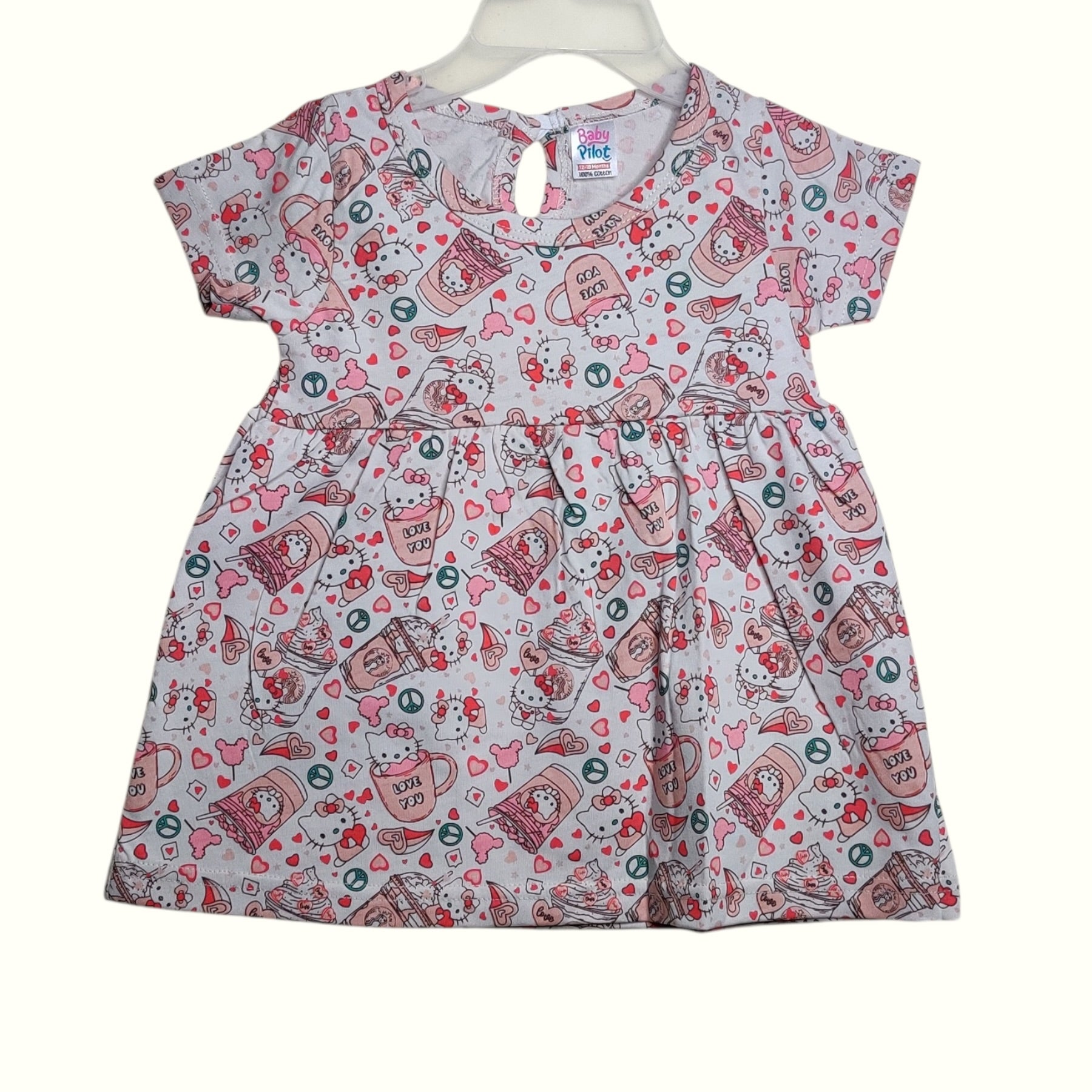 White blush baby frock with printed cartoon and heart design
