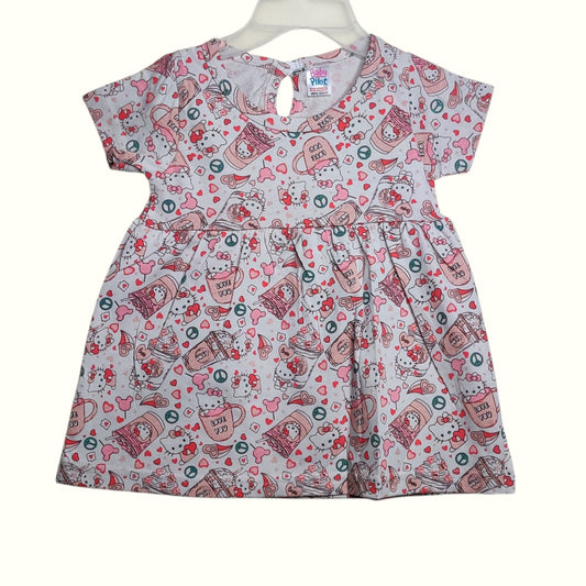 White blush baby frock with printed cartoon and heart design