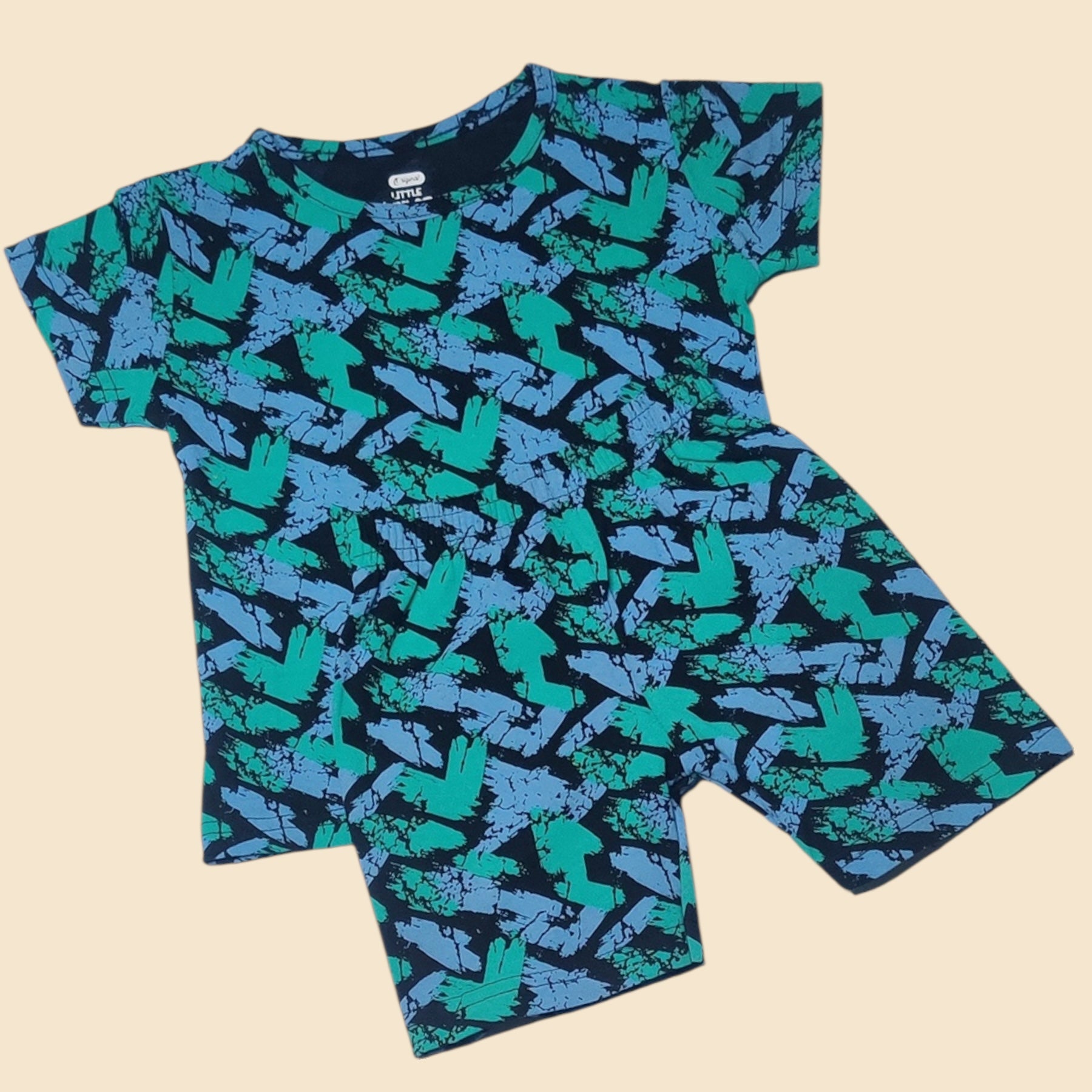 Baby girl cotton co-ord set with abstract green and blue print