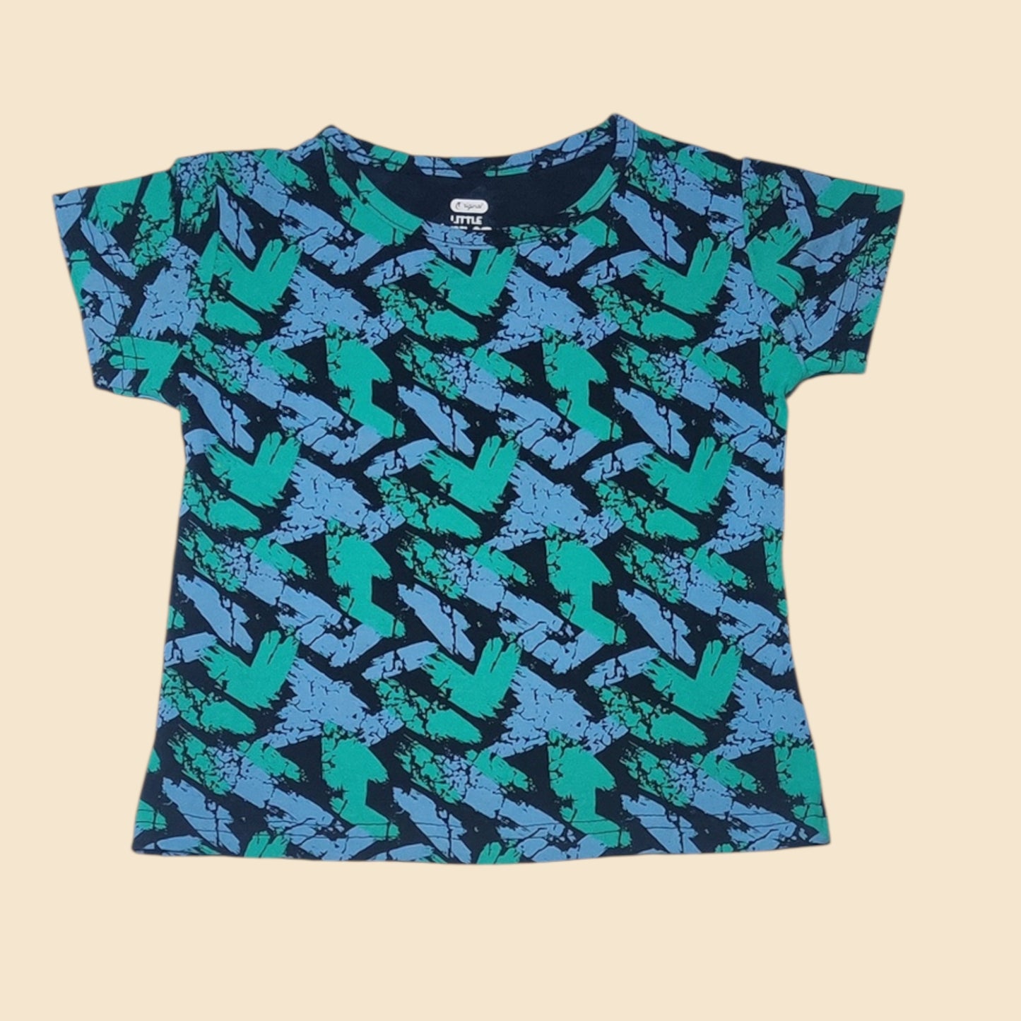 Baby girl cotton t-shirt with all-over green and blue abstract print