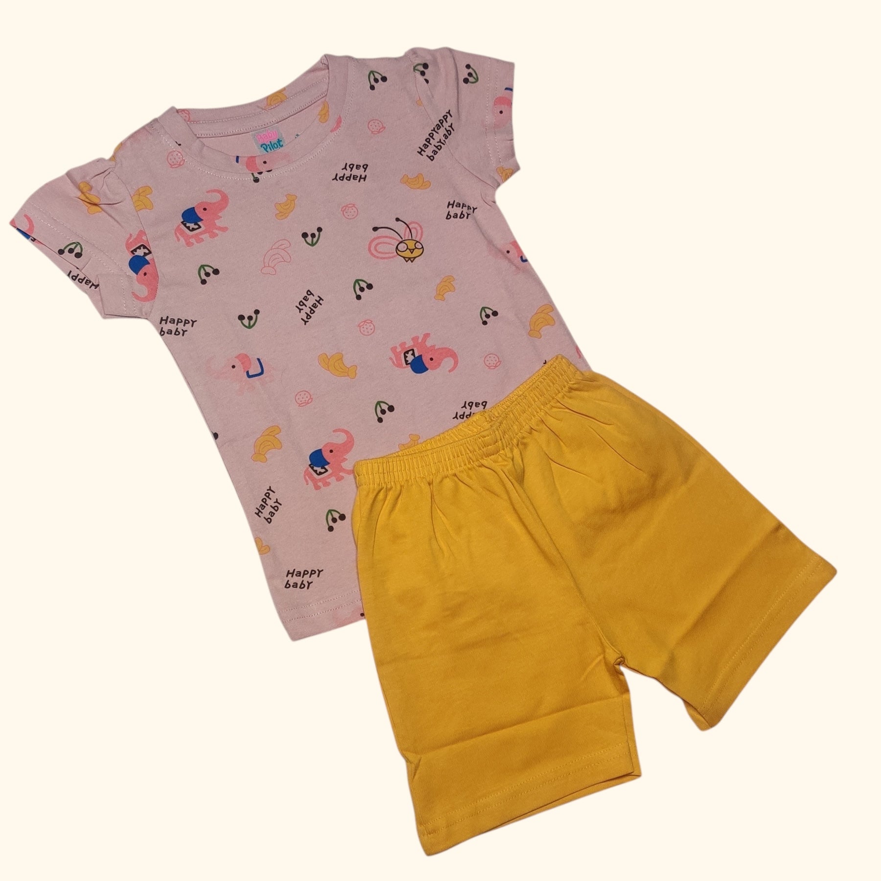 Baby girl cotton set with abstract print t-shirt and mustard shorts