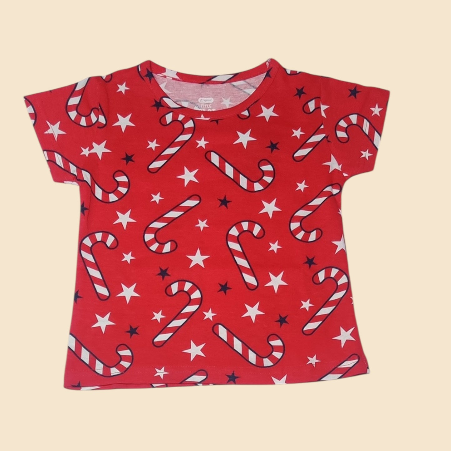 Baby girl red cotton t-shirt with candy cane and star print